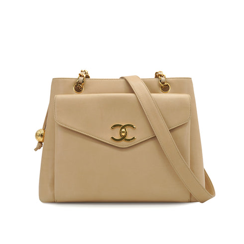 VINTAGE CHANEL CHAIN SHOULDER BAG BEIGE LAMB SKIN GOLD HARDWARE 90331862