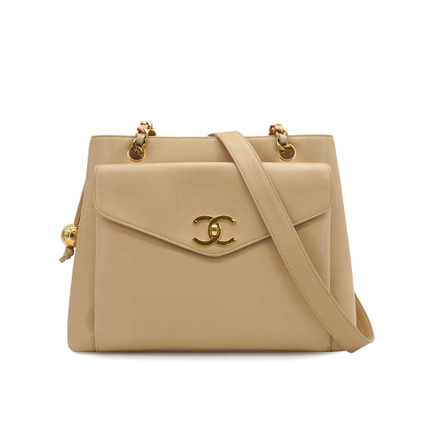 VINTAGE CHANEL CHAIN SHOULDER BAG BEIGE LAMB SKIN GOLD HARDWARE 90331862