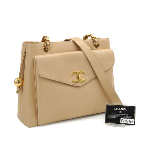 VINTAGE CHANEL CHAIN SHOULDER BAG BEIGE LAMB SKIN GOLD HARDWARE 90331862