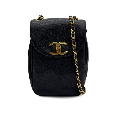 VINTAGE CHANEL CHAIN SHOULDER BAG BLACK CAVIAR SKIN GOLD HARDWARE 90329195