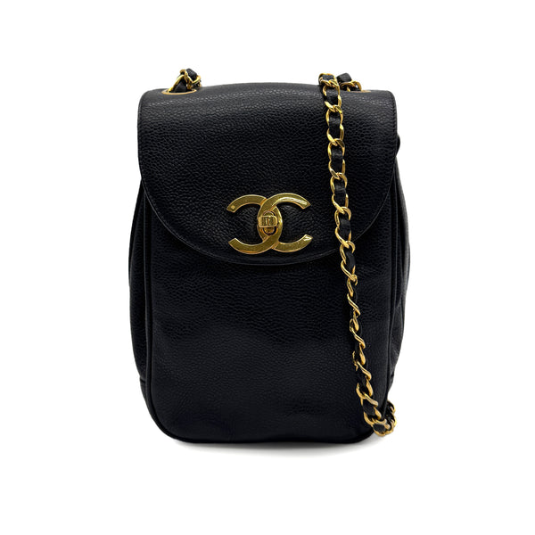 VINTAGE CHANEL CHAIN SHOULDER BAG BLACK CAVIAR SKIN GOLD HARDWARE 90329195