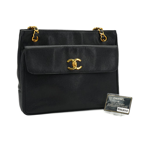 VINTAGE CHANEL CHAIN SHOULDER BAG BLACK CAVIAR SKIN GOLD HARDWARE 90332570