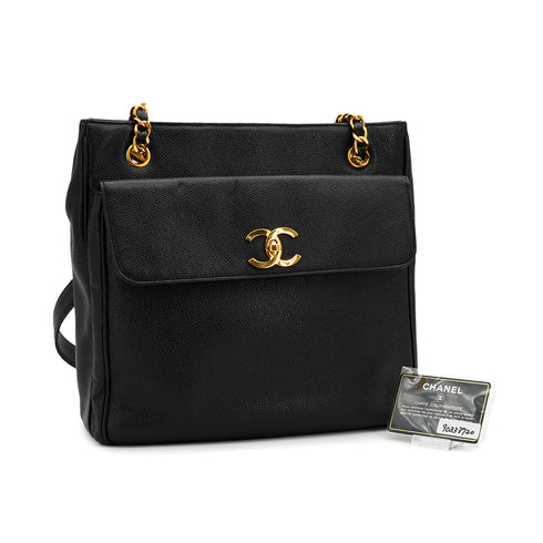 VINTAGE CHANEL CHAIN SHOULDER BAG BLACK CAVIAR SKIN GOLD HARDWARE 90333720