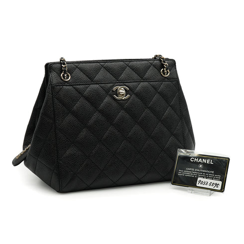 VINTAGE CHANEL CHAIN SHOULDER BAG BLACK CAVIAR SKIN SILVER HARDWARE 90335595