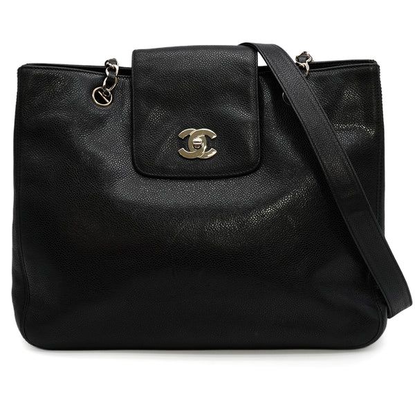 VINTAGE CHANEL CHAIN SHOULDER BAG BLACK CAVIAR SKIN SILVER HARDWARE 90344463