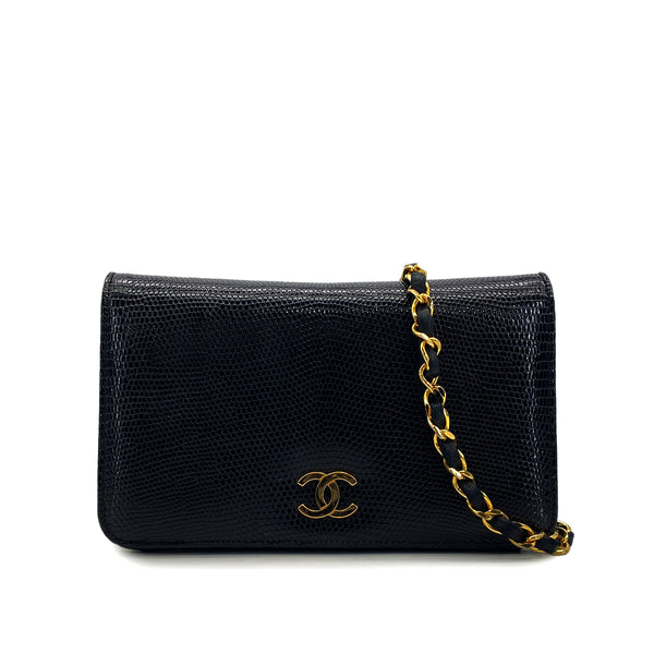 VINTAGE CHANEL CHAIN SHOULDER BAG BLACK LIZARD GOLD HARDWARE 90325633
