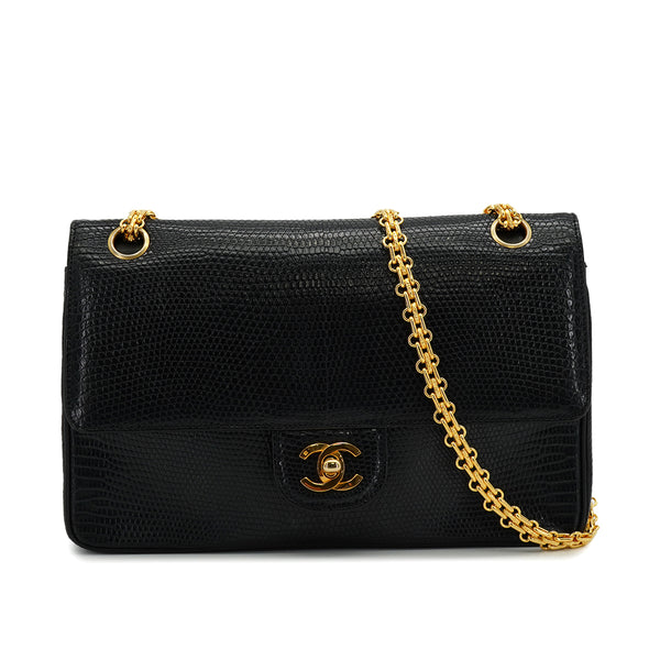 VINTAGE CHANEL CHAIN SHOULDER BAG BLACK LIZARD GOLD HARDWARE 90313859