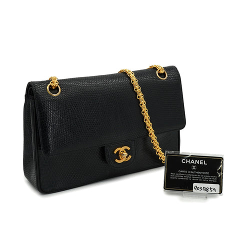 VINTAGE CHANEL CHAIN SHOULDER BAG BLACK LIZARD GOLD HARDWARE 90313859