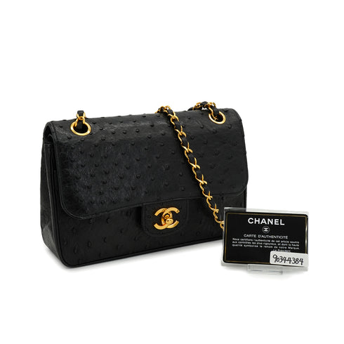 VINTAGE CHANEL CHAIN SHOULDER BAG BLACK OSTRICH GOLD HARDWARE 90344384