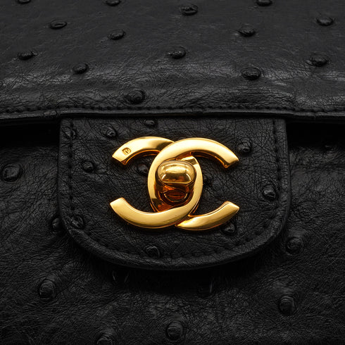 VINTAGE CHANEL CHAIN SHOULDER BAG BLACK OSTRICH GOLD HARDWARE 90344384