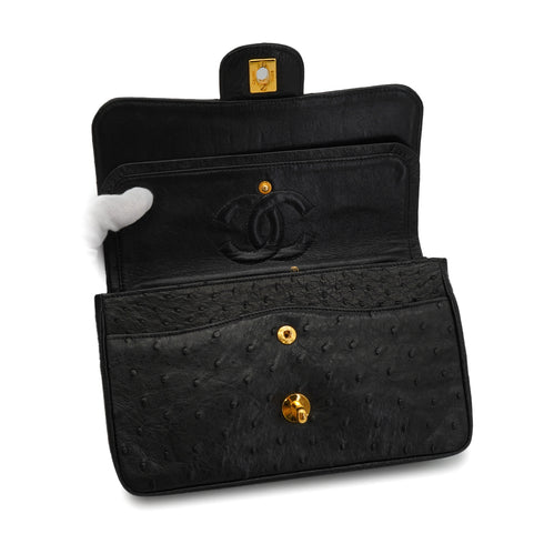 VINTAGE CHANEL CHAIN SHOULDER BAG BLACK OSTRICH GOLD HARDWARE 90344384
