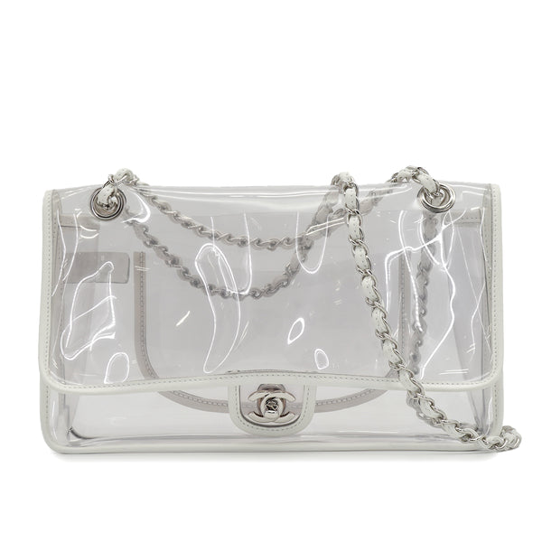 VINTAGE CHANEL CHAIN SHOULDER BAG CLEAR WHITE VINYL LEATHER SILVER HARDWARE 90327098