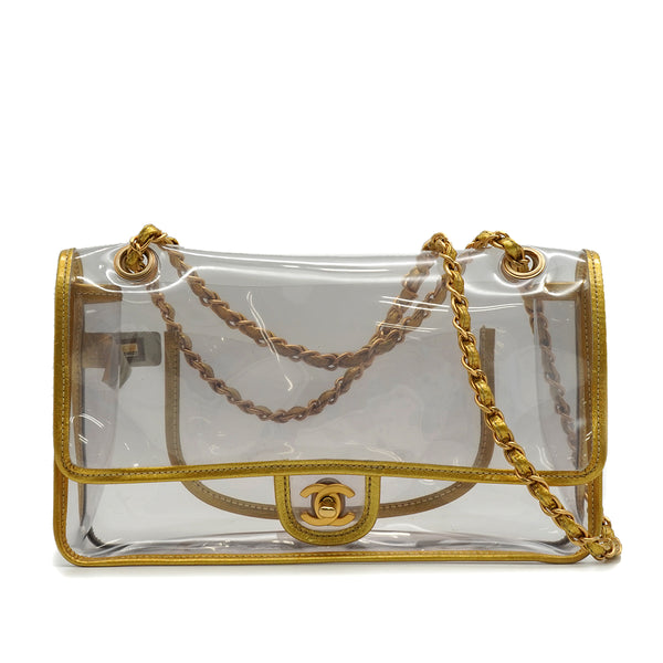 VINTAGE CHANEL CHAIN SHOULDER BAG GOLD CLEAR VINYL LEATHER GOLD HARDWARE 90343016