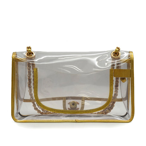 VINTAGE CHANEL CHAIN SHOULDER BAG GOLD CLEAR VINYL LEATHER GOLD HARDWARE 90343016