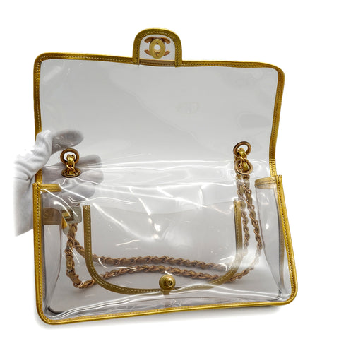 VINTAGE CHANEL CHAIN SHOULDER BAG GOLD CLEAR VINYL LEATHER GOLD HARDWARE 90343016