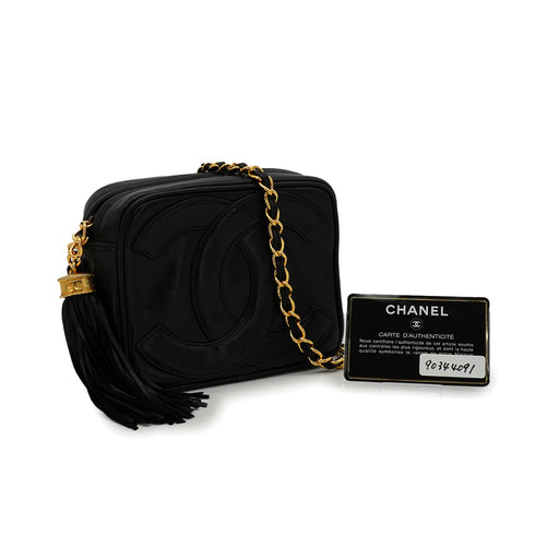 VINTAGE CHANEL FRINGE CHAIN SHUOLDER BAG BLACK LAMB SKIN GOLD HARDWARE 90344091
