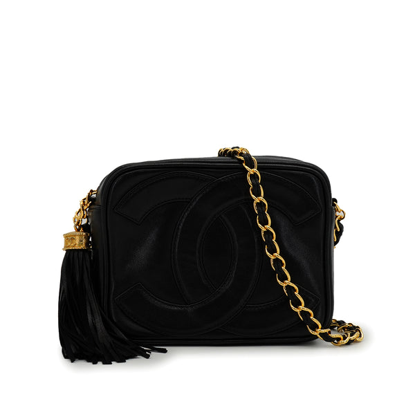 VINTAGE CHANEL FRINGE CHAIN SHUOLDER BAG BLACK LAMB SKIN GOLD HARDWARE 90344091