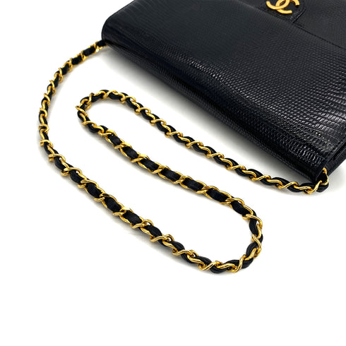 VINTAGE CHANEL CHAIN SHUOLDER BAG BLACK LIZARD GOLD HARDWARE 90324813