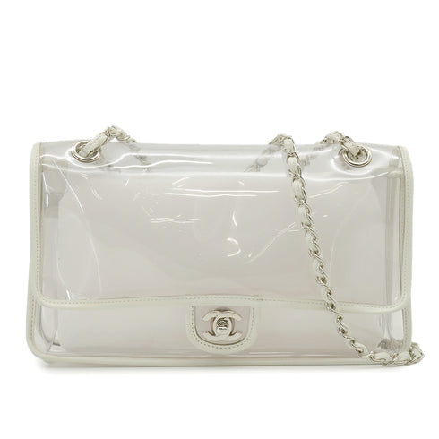 VINTAGE CHANEL CHAIN SHUOLDER BAG CLEAR WHITE VINYL LEATHER SILVER HARDWARE 90339152