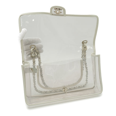VINTAGE CHANEL CHAIN SHUOLDER BAG CLEAR WHITE VINYL LEATHER SILVER HARDWARE 90339152