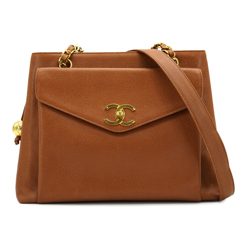 VINTAGE CHANEL CHAIN TOTE BAG BROWN CAVIAR SKIN GOLD HARDWARE 90326210