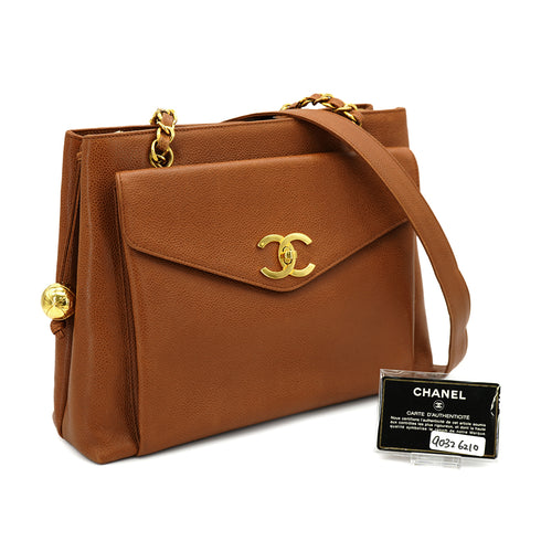 VINTAGE CHANEL CHAIN TOTE BAG BROWN CAVIAR SKIN GOLD HARDWARE 90326210