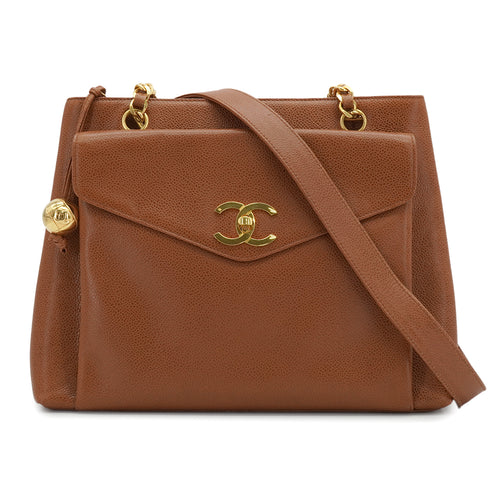 VINTAGE CHANEL COCO BALL CHAIN TOTE SHOULDER BAG BROWN CAVIAR SKIN GOLD HARDWARE 90339952