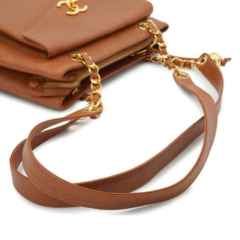 VINTAGE CHANEL COCO BALL CHAIN TOTE SHOULDER BAG BROWN CAVIAR SKIN GOLD HARDWARE 90339952