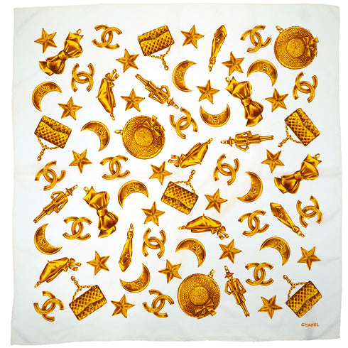 VINTAGE CHANEL SCARF CHAM PATTERN WHITE GOLD SILK 90335897