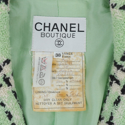 VINTAGE CHANEL CHECK COCO BUTTON TWEED JACKET SKIRT SET LIGHT GREEN WOOL 38 94P RTW 90332949