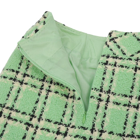 VINTAGE CHANEL CHECK COCO BUTTON TWEED JACKET SKIRT SET LIGHT GREEN WOOL 38 94P RTW 90332949