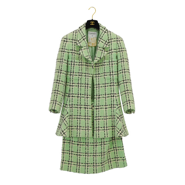 VINTAGE CHANEL CHECK COCO BUTTON TWEED JACKET SKIRT SET LIGHT GREEN WOOL 38 94P RTW 90332949