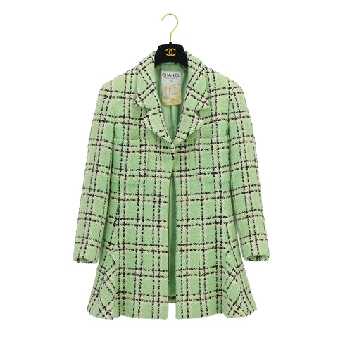 VINTAGE CHANEL CHECK COCO BUTTON TWEED JACKET SKIRT SET LIGHT GREEN WOOL 38 94P RTW 90332949