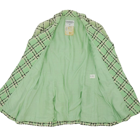 VINTAGE CHANEL CHECK COCO BUTTON TWEED JACKET SKIRT SET LIGHT GREEN WOOL 38 94P RTW 90332949