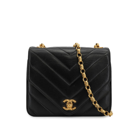 VINTAGE CHANEL CHEVRON BIJOU CHAIN SHOULDER BAG BLACK LAMB SKIN GOLD HARDWARE 90330935