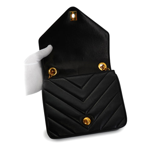 VINTAGE CHANEL CHEVRON BIJOU CHAIN SHOULDER BAG BLACK LAMB SKIN GOLD HARDWARE 90330935