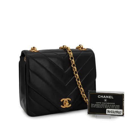 VINTAGE CHANEL CHEVRON BIJOU CHAIN SHOULDER BAG BLACK LAMB SKIN GOLD HARDWARE 90330935
