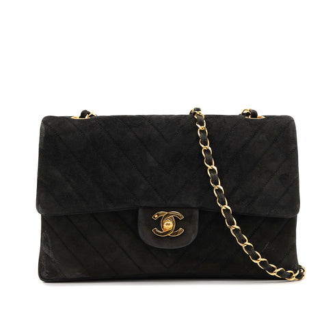 VINTAGE CHANEL CHEVRON CHAIN SHOULDER BAG BLACK SUEDE GOLD HARDWARE 90322286