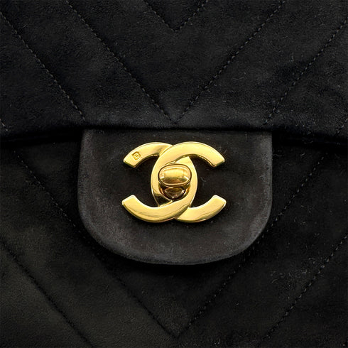 VINTAGE CHANEL CHEVRON CHAIN SHOULDER BAG BLACK SUEDE GOLD HARDWARE 90322286