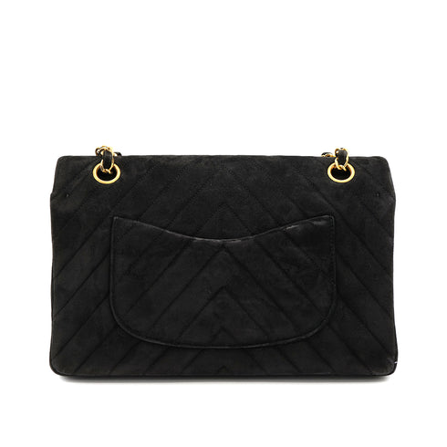 VINTAGE CHANEL CHEVRON CHAIN SHOULDER BAG BLACK SUEDE GOLD HARDWARE 90322286