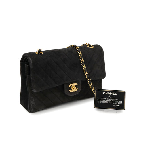 VINTAGE CHANEL CHEVRON CHAIN SHOULDER BAG BLACK SUEDE GOLD HARDWARE 90322286