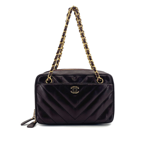 VINTAGE CHANEL CHEVRON V STITCH CHAIN SHUOLDER BAG BROWN LAMB SKIN GOLD HARDWARE 90318212