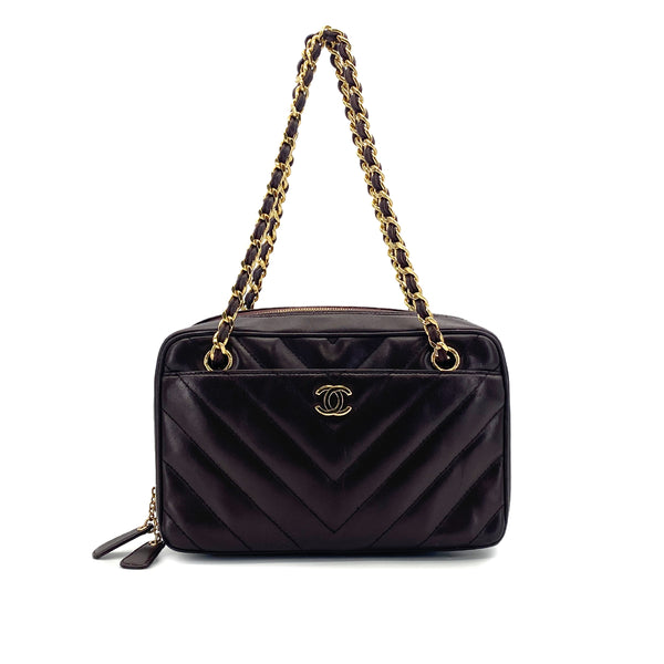 VINTAGE CHANEL CHEVRON V STITCH CHAIN SHUOLDER BAG BROWN LAMB SKIN GOLD HARDWARE 90318212