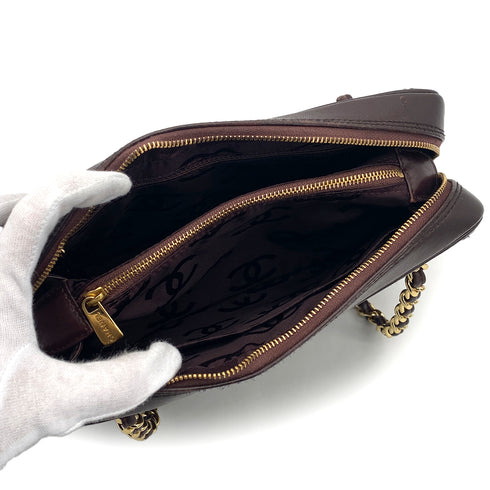 VINTAGE CHANEL CHEVRON V STITCH CHAIN SHUOLDER BAG BROWN LAMB SKIN GOLD HARDWARE 90318212