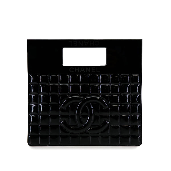 VINTAGE CHANEL CHOCOLATE BAR ENAMEL HAND BAG BLACK PATENT PLASTIC 90319987