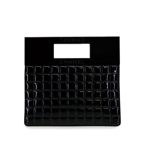VINTAGE CHANEL CHOCOLATE BAR ENAMEL HAND BAG BLACK PATENT PLASTIC 90319987