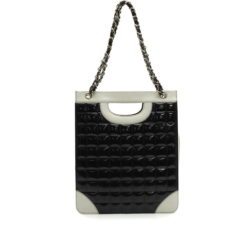 VINTAGE CHANEL CHOCOLATE BAR HAND SHOULDER BAG BLACK WHITE ENAMEL LEATHER SILVER HARDWARE 90345512