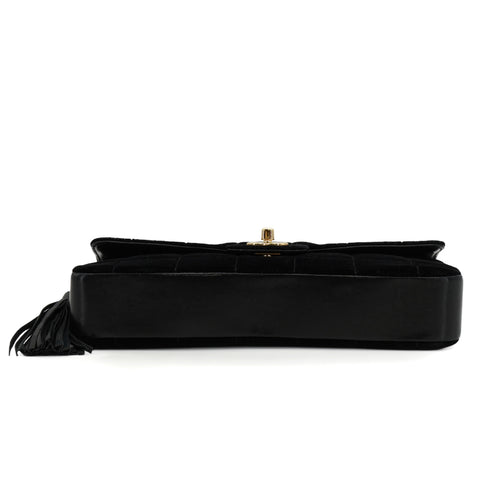 VINTAGE CHANEL CHOCOLATE BAR FRINGE CHAIN SHOULDER BAG BLACK VELOUR LEATHER GOLD HARDWARE 90344377