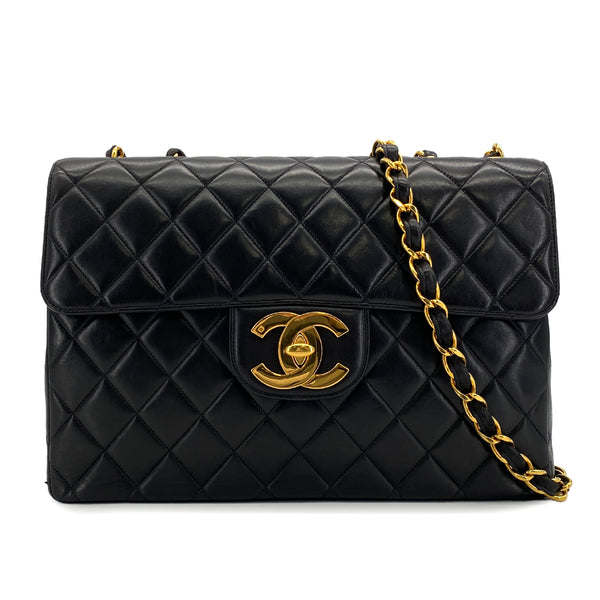 VINTAGE CHANEL CLASSIC FLAP JUMBO CHAIN SHOULDER BAG BLACK LAMB SKIN GOLD HARDWARE 90324817