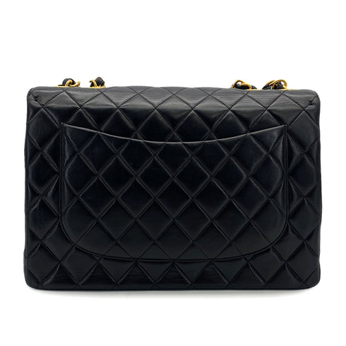 VINTAGE CHANEL CLASSIC FLAP JUMBO CHAIN SHOULDER BAG BLACK LAMB SKIN GOLD HARDWARE 90324817